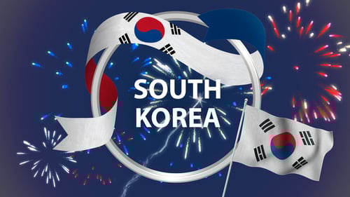 Animated South Korea Flag Elements with Fireworks and Broadcast Graphics