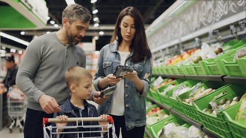 Handsome Bearded Guy, His Attractive Wife and Cute Child Are Choosing Vegetables in Trays in