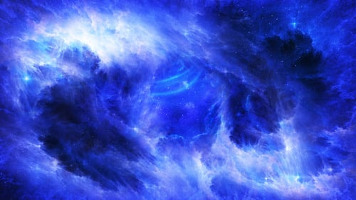 Travel Through Abstract Blue Space Nebula to Bright Energy Waves