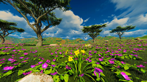 Green Field With Beautiful Flowers