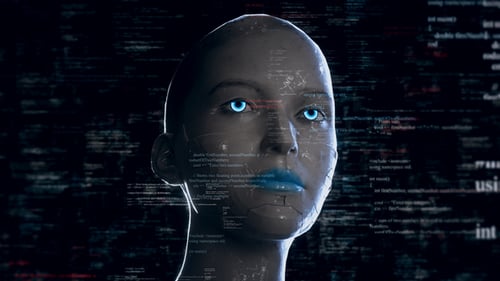 Humanoid Android Robot With Artificial Intelligence Reading Programming Codes