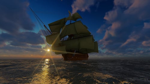 3D Animated Sailing Ship Ocean Journey at Sunset