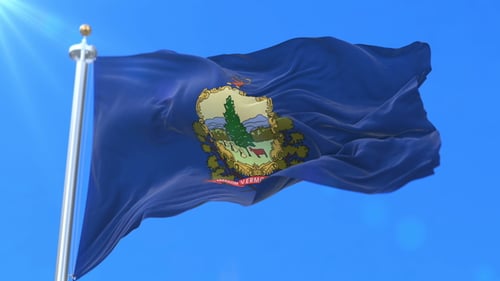 Realistic Waving Vermont State Flag Against Blue Sky