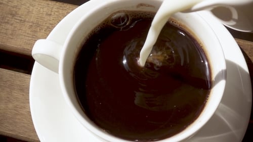 Milk Pouring into Coffee Cup on Wooden Table