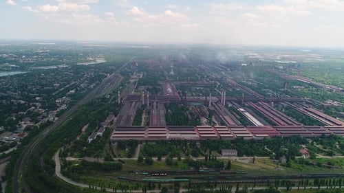 Aerial Panoramic View of the Industrial City. Pollution and Smoke.
