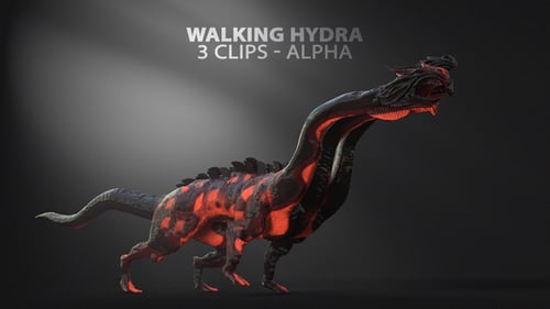 Animated Multi-Headed Fantasy Dragon Creature Walking with Red Glow