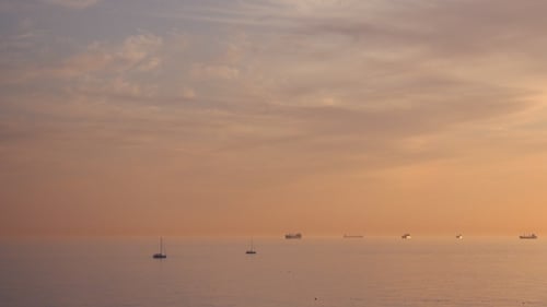 Beautiful Sunset Over Sea, Many Different Ships and Yachts