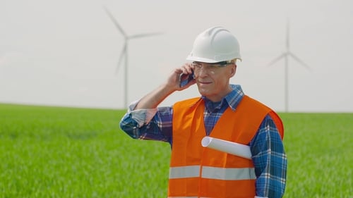 Engineer Talking On Mobile Phone While Walking In Farm