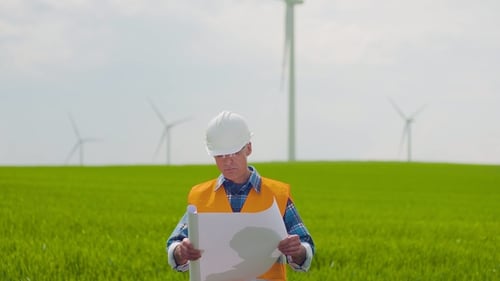 Engineer Inspecting Wind Turbine Site with Blueprints