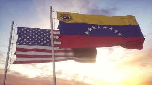 Bandera de Venezuela y Estados Unidos en asta de bandera