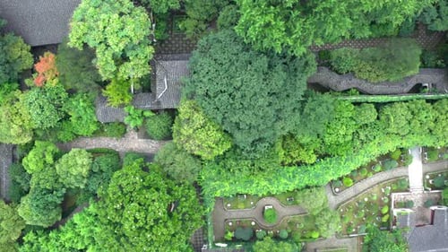 Aerial of Ancient traditional garden, Suzhou garden, in China.