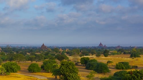 Aerial View of Pagodas Scattered in Rural Landscape
