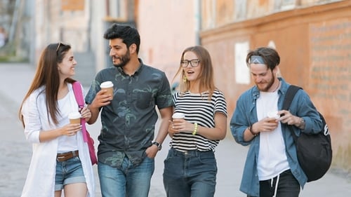 Friends Walk with Coffee