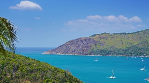 Ocean with Boats and Coastline, Phuket, Thailand