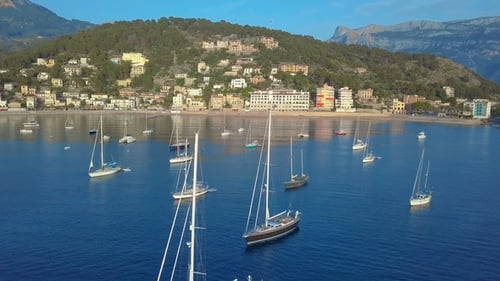 Aerial View. Yacht and Sailboats Moored at the Quay