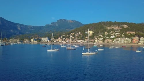 Aerial View of a Sailboat Near the Coast of Majorca, Spain