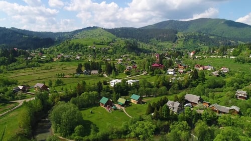 Aerial View of the Village Landscape in Mountains. Vorohta, Ukraine