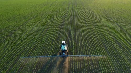 Tractor Spraying Green Field, Aerial View