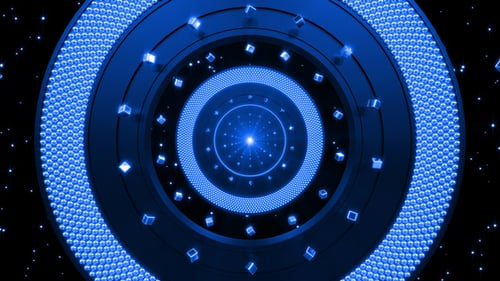 Futuristic Blue Digital Tunnel with Glowing Circles and Cubes