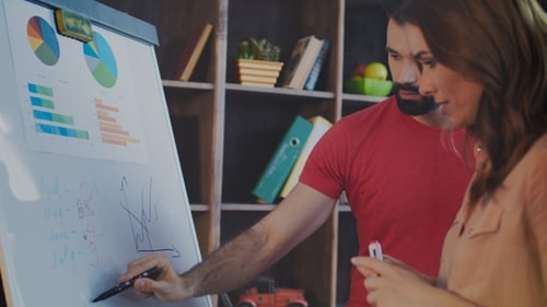 Creative Team Discussing Company Business Plan on Whiteboard in Office