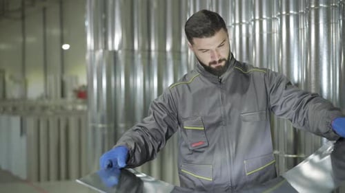 Young Caucasian Male Worker Standing at the Background of Ready Metal Pipes and Checking Material