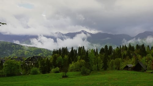 Alps Landscape with House and Trees in Fog Clouds