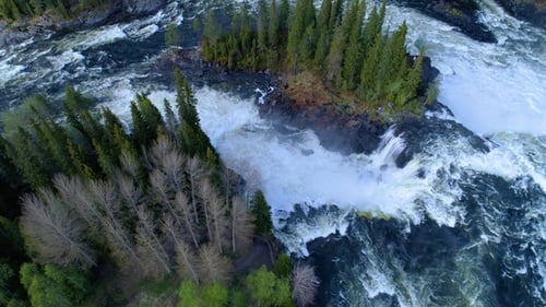Aerial View of Rushing Waterfall in Forest