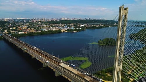 Aerial View of the South Bridge. Aerial View of South Subway Cable Bridge - Kiev, Ukraine
