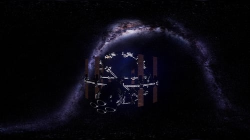 Vaisseau spatial futuriste VR 360 volant dans l'espace avec Mily Way