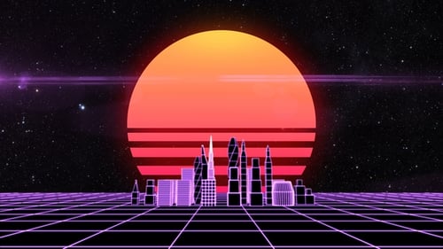 Retro Synthwave City Skyline with Neon Grid Background
