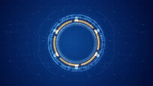 Blue circle rotation with HUD UI technology interface and futuristic elements abstract background