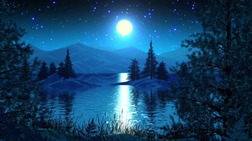 Animated Night Landscape with Glowing Moon and Reflective Lake