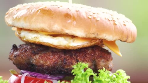 Juicy Hamburger Close Up with Fresh Ingredients