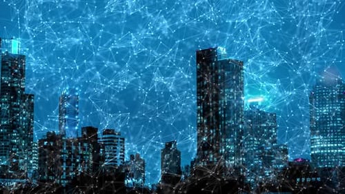 Technology Network Connection Over Modern City Skyline