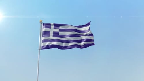 Waving Greece Flag with Sun Flare Against Blue Sky