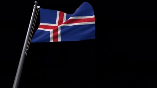 Realistic Waving Iceland National Flag on a Flagpole with Alpha