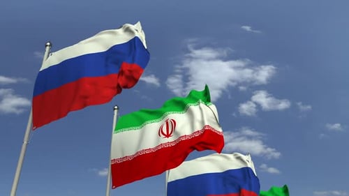 Iran And Russia Flags Waving In The Wind 3D Animation