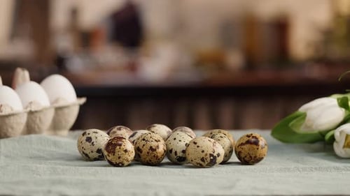 Easter Eggs and Tulips on a Table