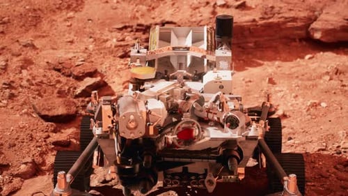 Futuristic Mars Rover Explores Rocky Red Planet