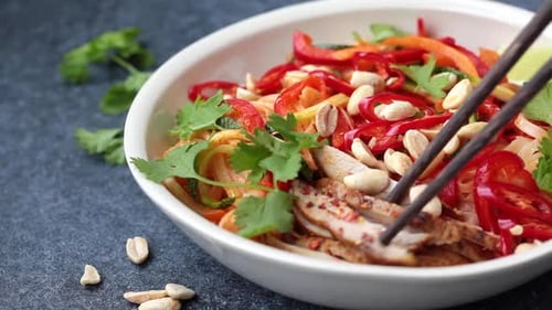 Close Up of Noodles with Chicken and Vegetables
