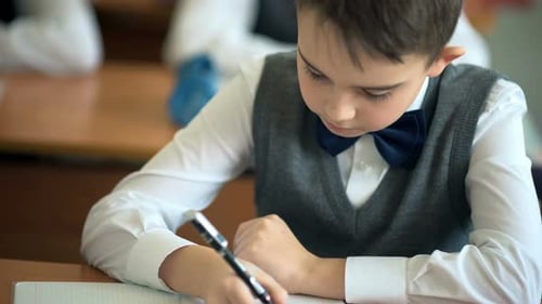 School Boy Writing on His Notebook in the Classroom