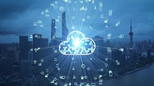 Cloud-Computing-Konzept. Intelligente Stadt. Kommunikationsnetzwerk.