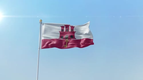 Realistic Gibraltar Flag Waving Against Clear Blue Sky