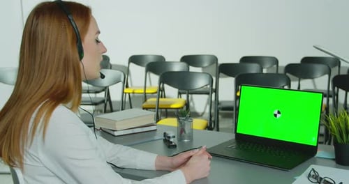 Woman On Video Call With Laptop Green Screen