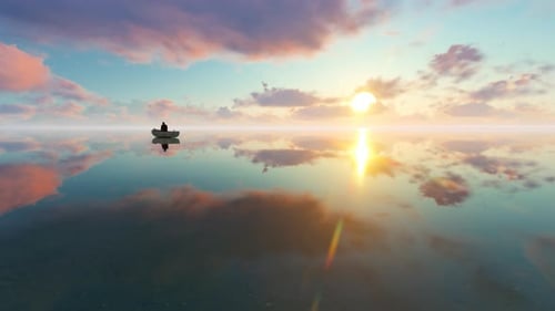 Silhouette of Traditional Fishermen on Boat the Lake at Sunrise Time
