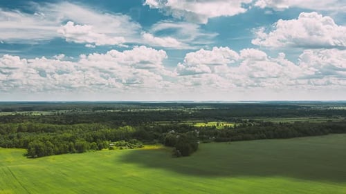 Sky With Clouds On Horizon Above Rural Landscape Young Green Wheat Field