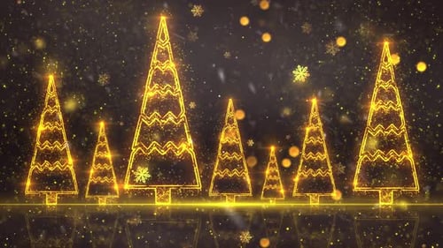 Golden Glowing Christmas Trees and Snowflakes Holiday Background