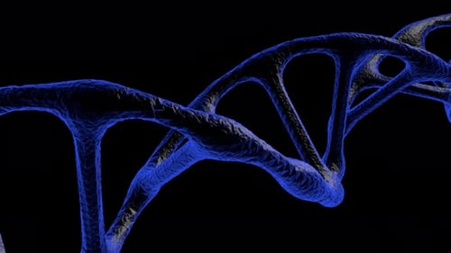 DNA-Genmolekül bedeckt mit blauer und schwarzer Farbe mit schwarzem Hintergrund und Partikeln dreht sich