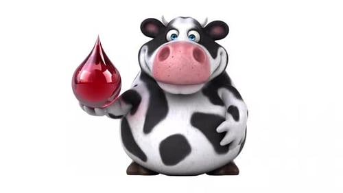 3D Cartoon Cow Holding Red Droplet and Pointing Animation