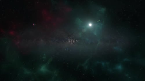 Futuristic Spaceship Flies Through Colorful Nebula